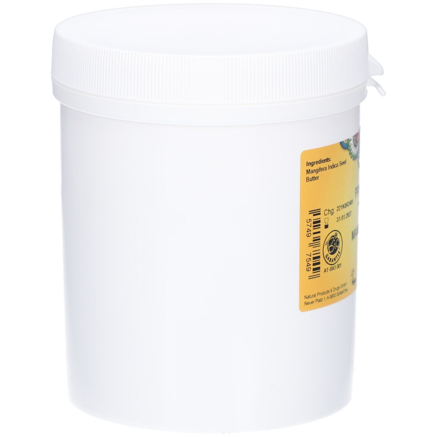 Récipient blanc avec couvercle. Étiquette avec informations produit. Visible : PRIMABENE, MANGOBUTTER, BIO. Label : AT-BIO-301.