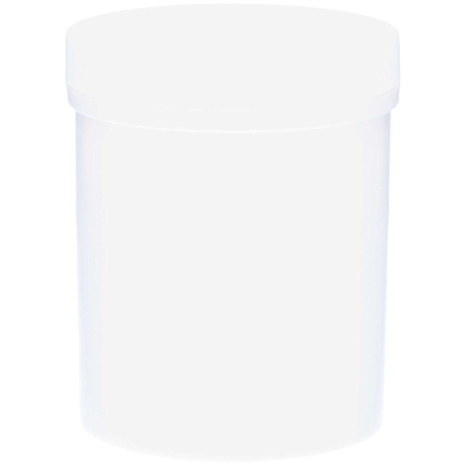 Récipient cylindrique blanc avec couvercle. Aucune information produit visible.