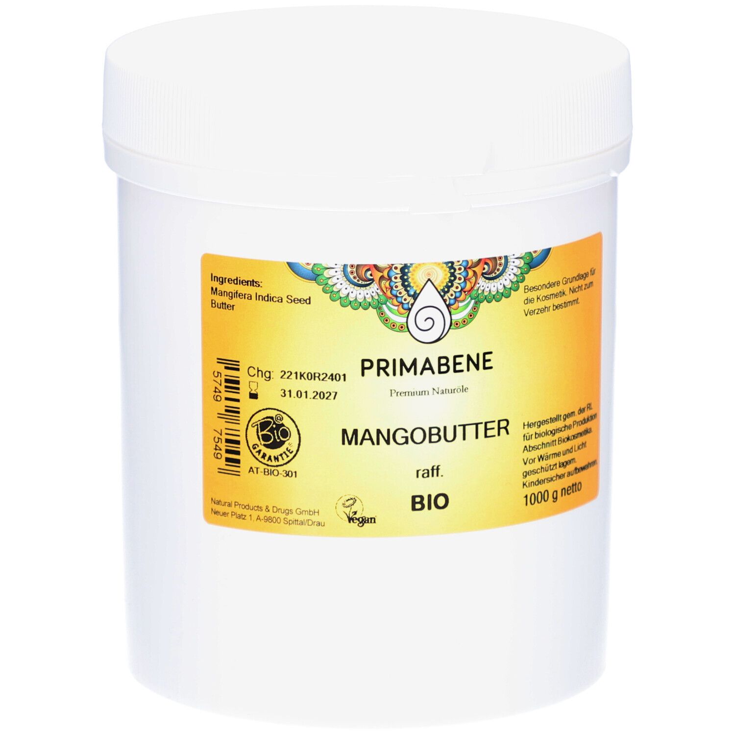 Récipient blanc avec couvercle. Étiquette avec informations produit : PRIMABENE, MANGOBUTTER, BIO. Label : AT-BIO-301.