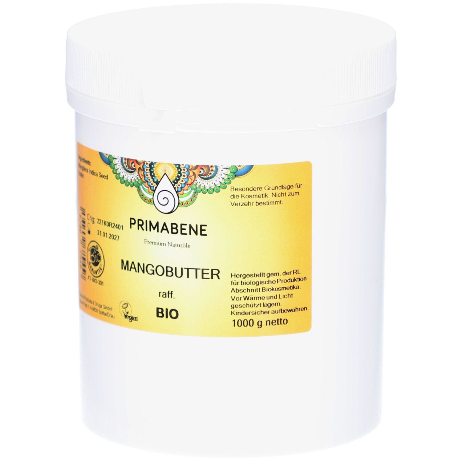 Récipient blanc avec couvercle. Étiquette avec informations produit : PRIMABENE, MANGOBUTTER, BIO. Label : AT-BIO-301.