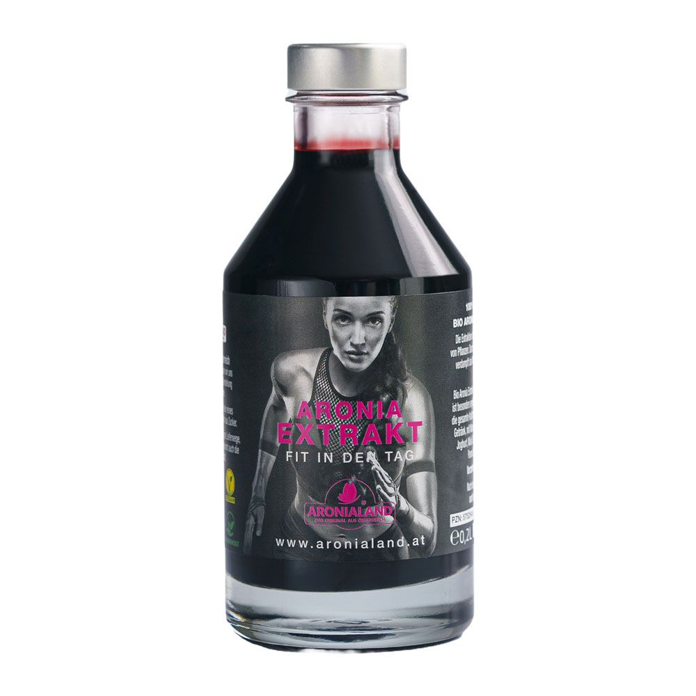 Bouteille en verre avec extrait d'aronia foncé et bouchon argenté. Face avant avec image d'une athlète et informations produit.