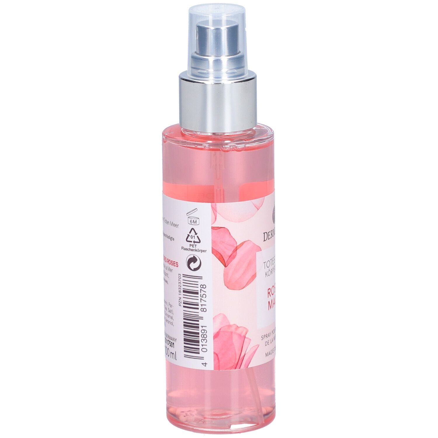 Flacon de spray pour le corps. Liquide rose. Inscription: DERMASEL, TOTES MEER KÖPERSPRAY ROSEN MAGIE. Dos avec texte et code-barres.
