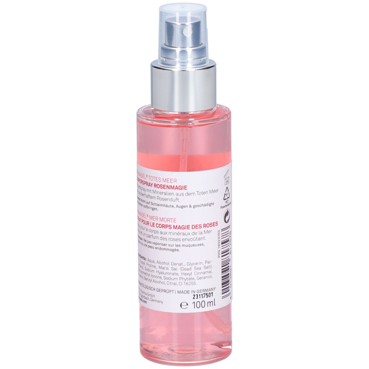 Flacon de spray pour le corps. Liquide rose. Inscription: DERMASEL, TOTES MEER KÖPERSPRAY ROSEN MAGIE. Dos avec texte et ingrédients.