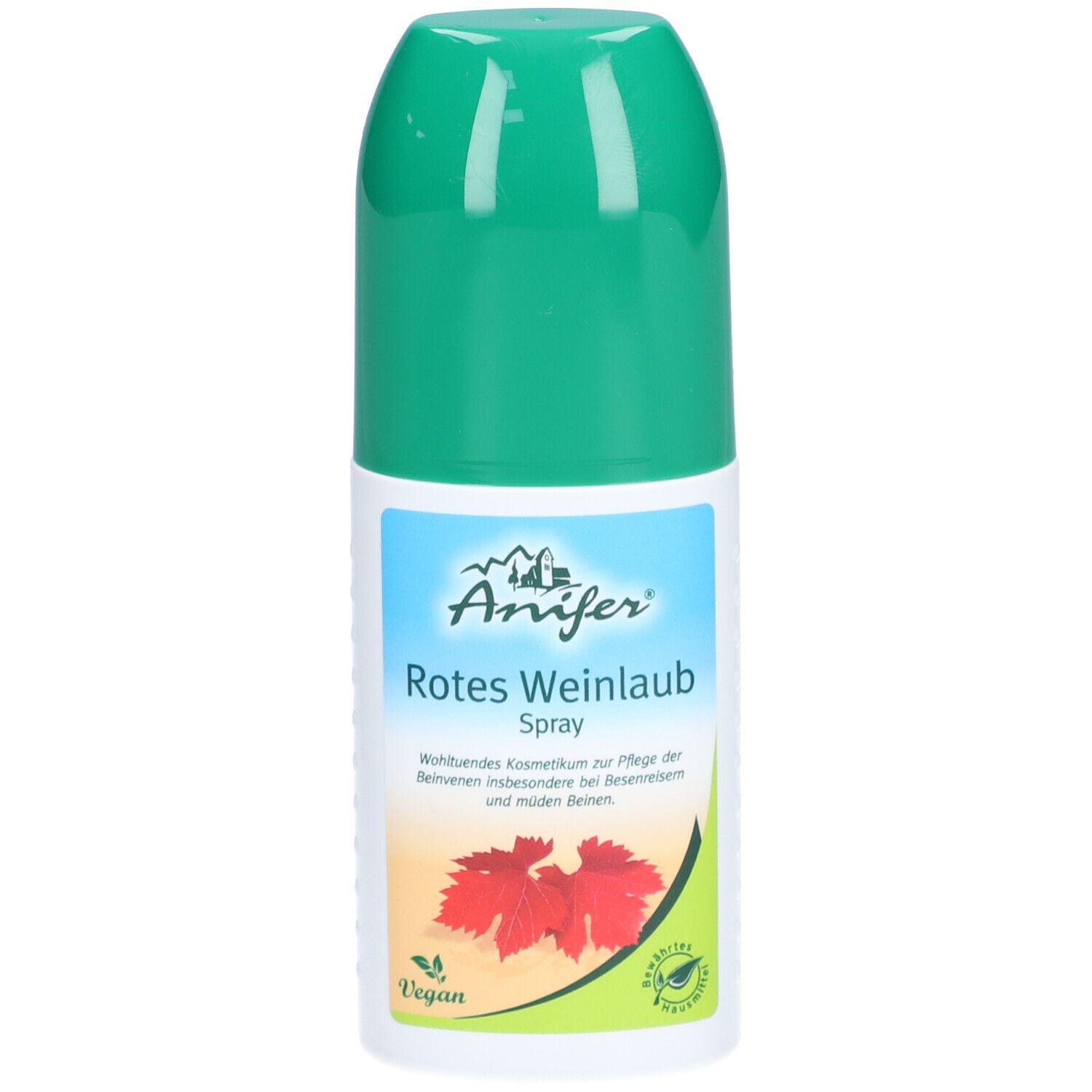 Spray Anifer Rotes Weinlaub, bouchon vert, flacon blanc, logo feuille de vigne rouge, vegan.