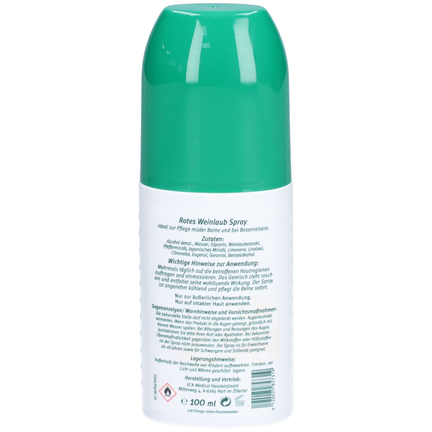 Spray Anifer Rotes Weinlaub, dos, bouchon vert, flacon blanc, texte, ingrédients, 100 ml.