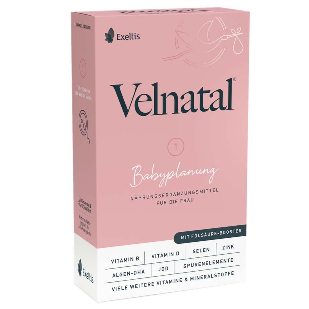 Boîte rose "Velnatal Babyplanung". Contient vitamines et minéraux. Logo Exeltis.