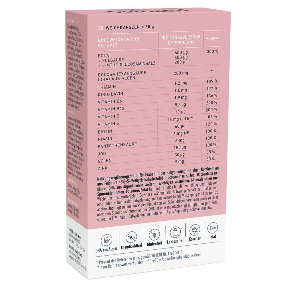 Dos de la boîte rose. Contient informations nutritionnelles et ingrédients. Texte en allemand.