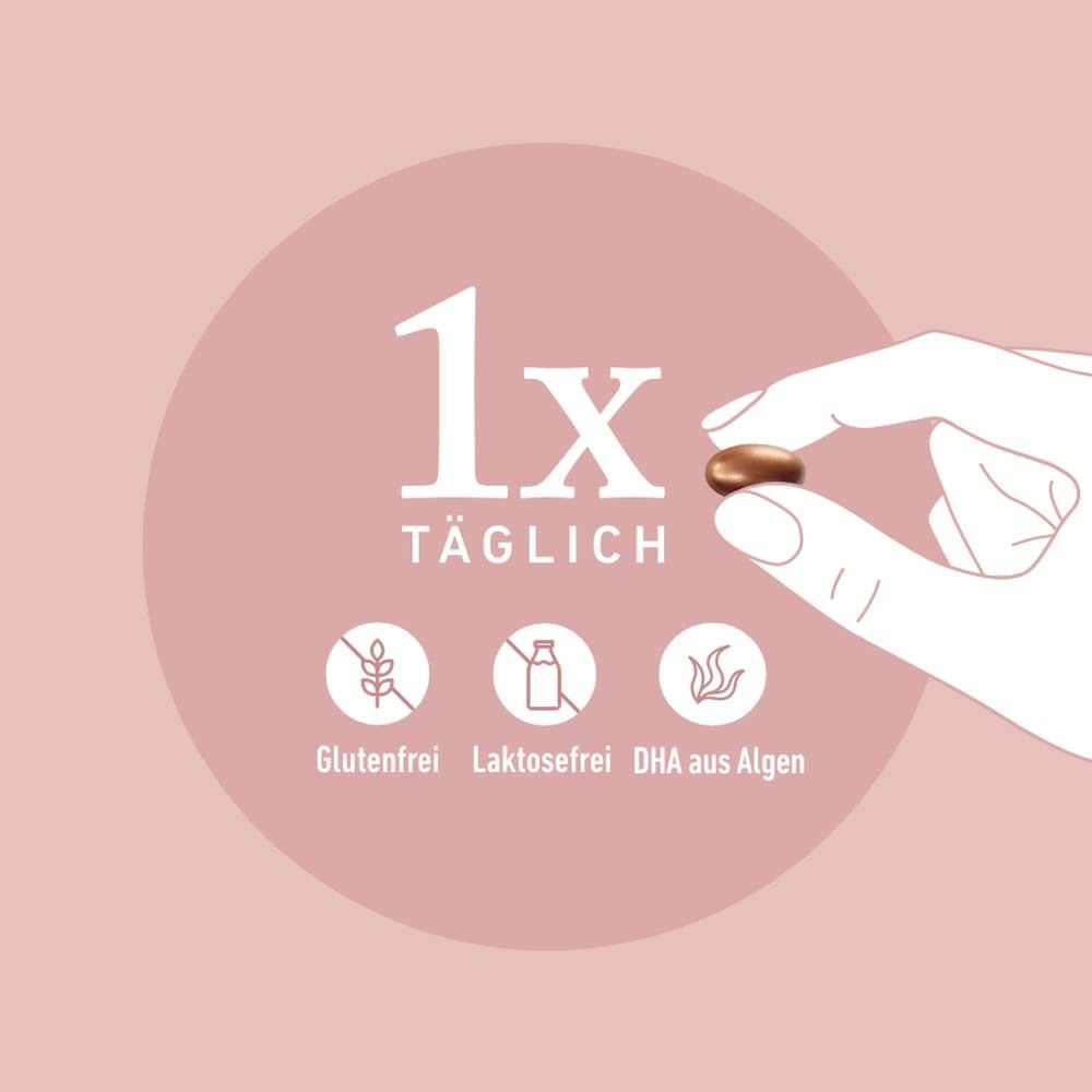 Main tenant une gélule brune. Texte: 1x par jour. Symboles: sans gluten, sans lactose, DHA d'algues.