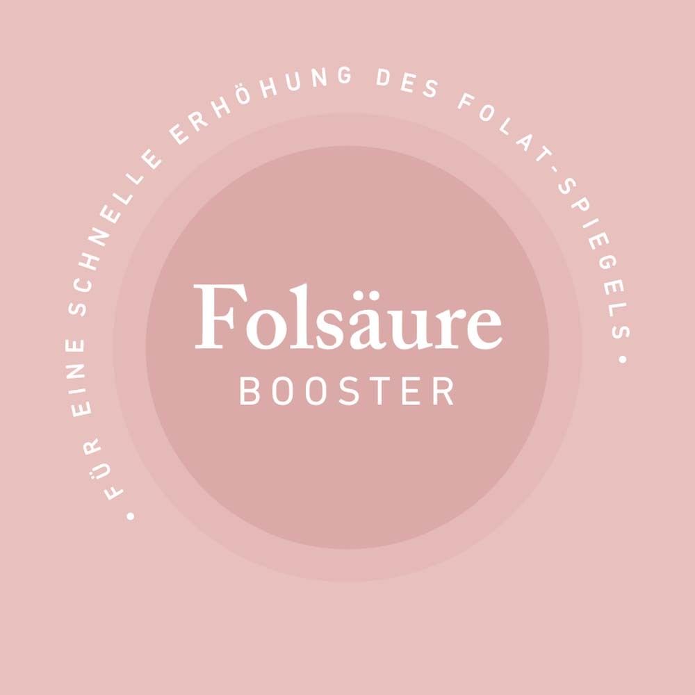 Fond rose avec texte: Booster d'acide folique. Pour une augmentation rapide du taux de folate.