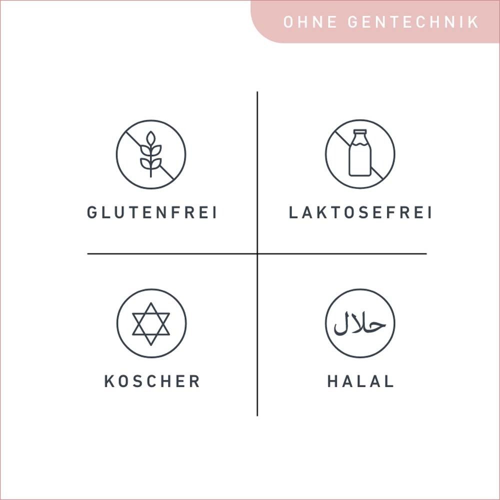 Symboles: sans gluten, sans lactose, casher, halal. Sans génie génétique.