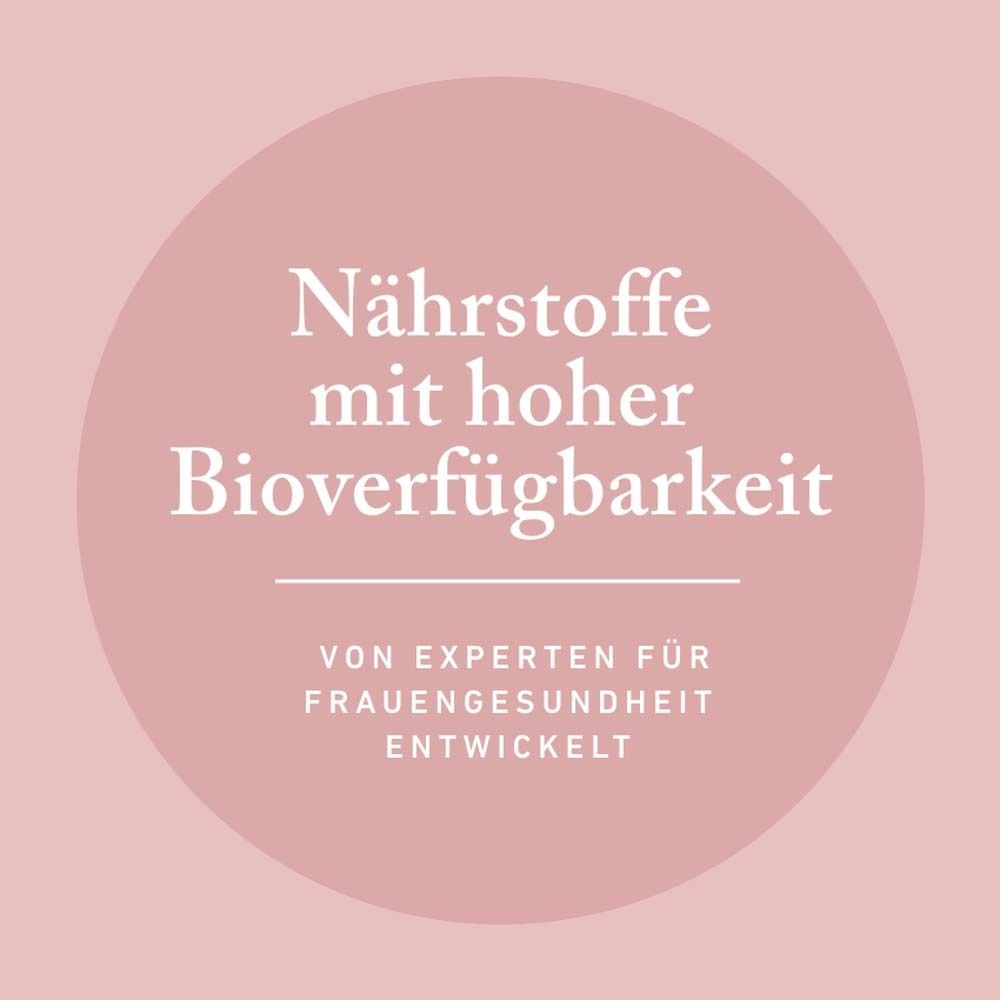 Fond rose avec texte: Nutriments à haute biodisponibilité. Développé par des experts en santé féminine.