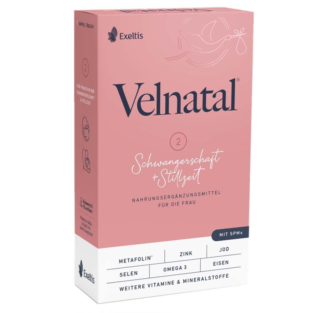 Rosa Schachtel mit Velnatal-Logo, Text: Schwangerschaft + Stillzeit. Enthält Vitamine und Mineralstoffe.