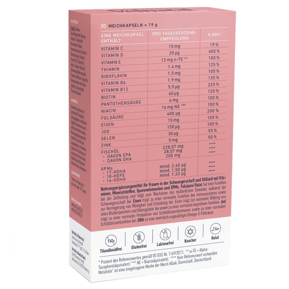 Rückseite der Velnatal-Verpackung. Enthält eine Tabelle mit Vitaminen, Mineralstoffen und Nährwertangaben.
