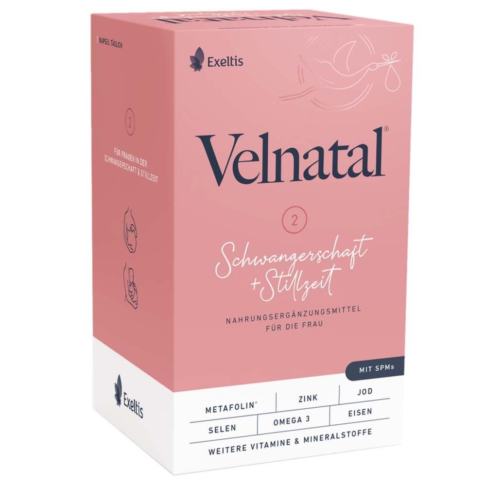 Velnatal-Verpackung. Rosa Schachtel mit Produktnamen und Inhaltsstoffen. Enthält Nahrungsergänzungsmittel für Schwangerschaft und Stillzeit.