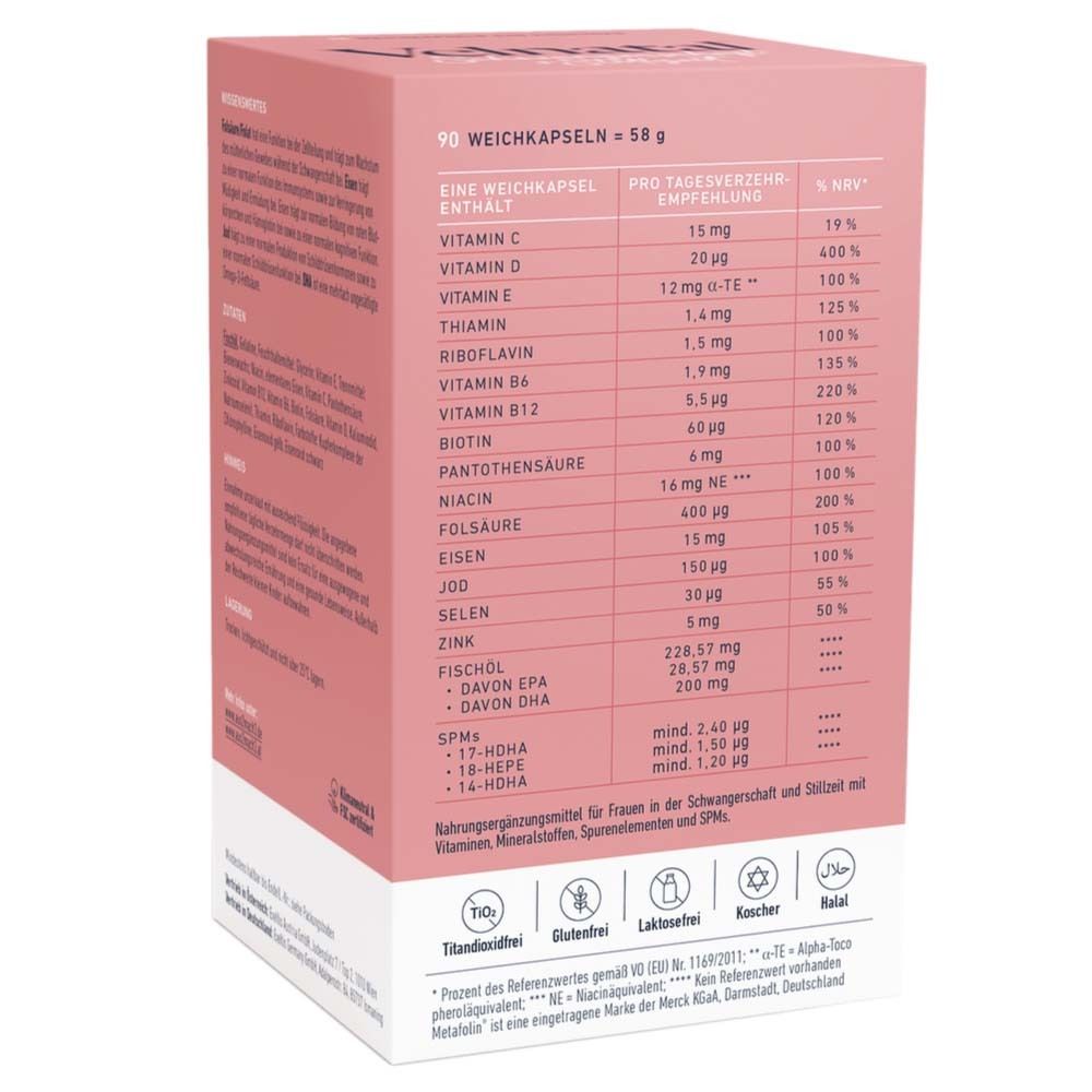 Rückseite der Velnatal-Verpackung. Enthält eine Tabelle mit Nährwertangaben pro Kapsel und empfohlene Tagesdosis.