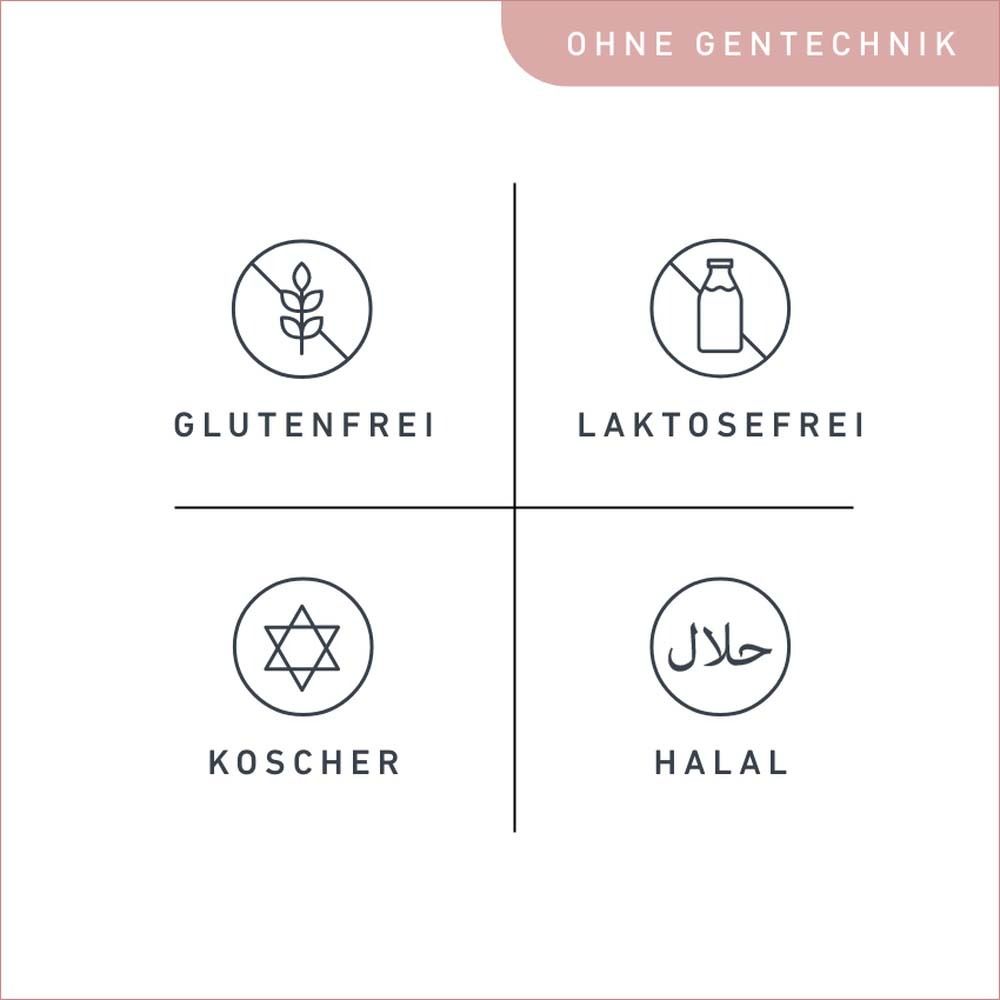 Symbole: glutenfrei, laktosefrei, koscher, halal. Text: Ohne Gentechnik.