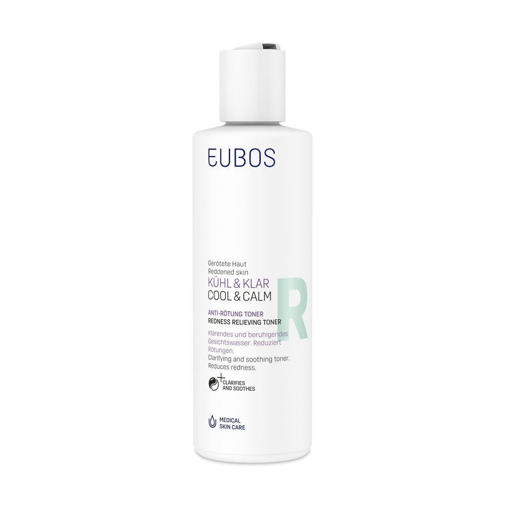 Flacon blanc avec bouchon blanc. Inscription: EUBOS, KÜHL & KLAR COOL & CALM, Anti-Rougeurs Toner. Soin médical de la peau.