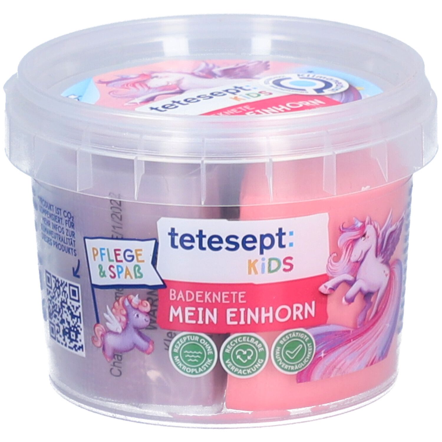 Pâte à modeler dans un récipient transparent. Logos et licorne sur le couvercle et l'avant. Le récipient est rempli en deux couleurs.