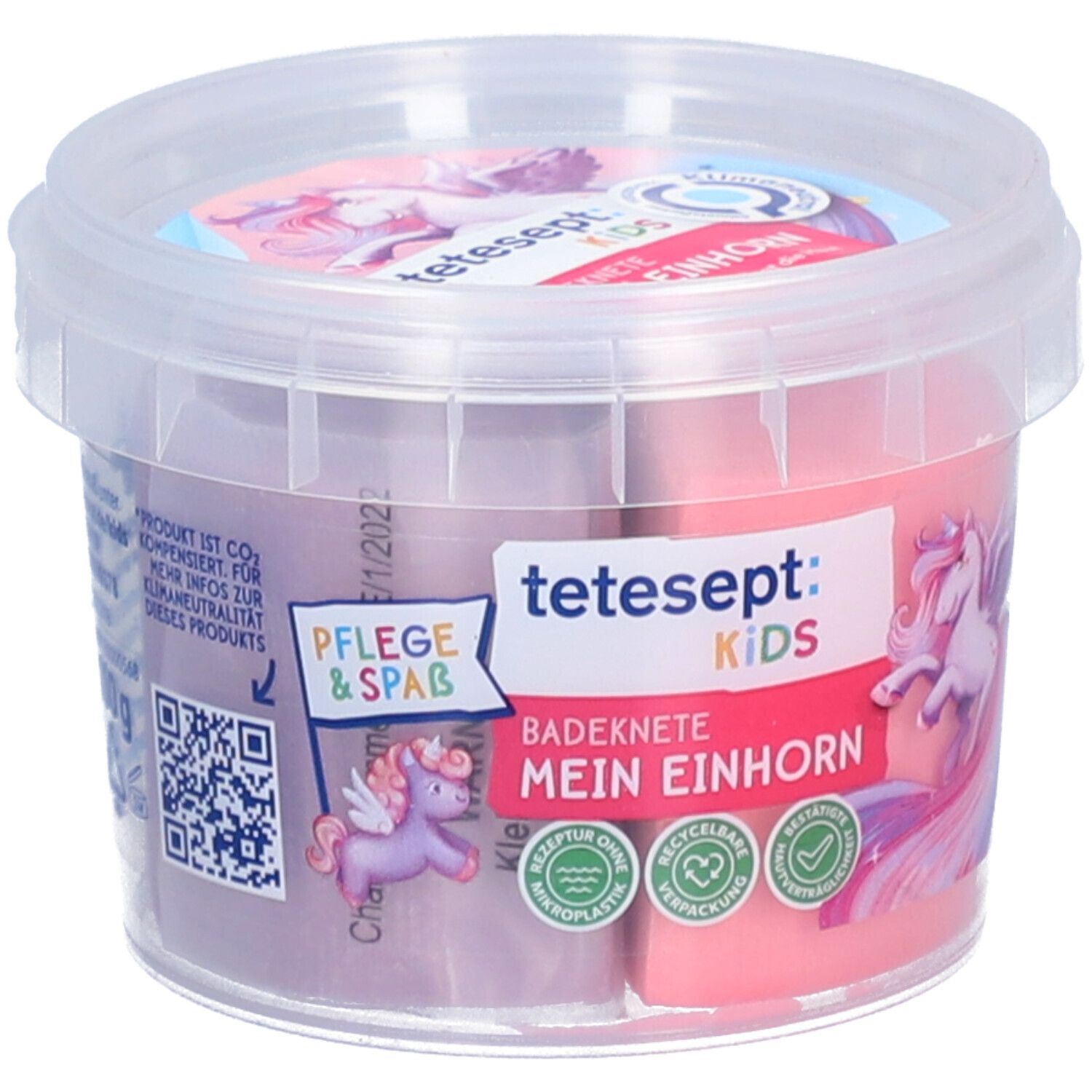 Pâte à modeler dans un récipient transparent. Logos et licorne sur le devant. Le récipient est rempli en deux couleurs.