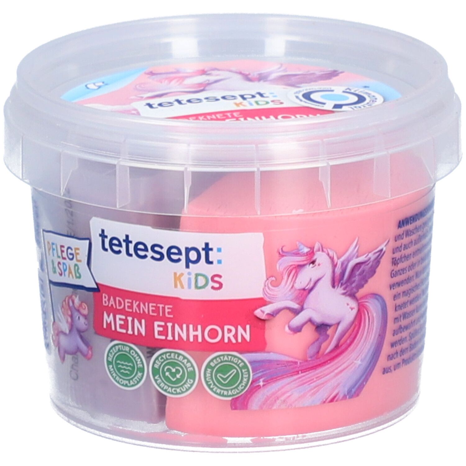 Pâte à modeler dans un récipient transparent. Logos et licorne sur le devant. Le récipient est rempli en deux couleurs.