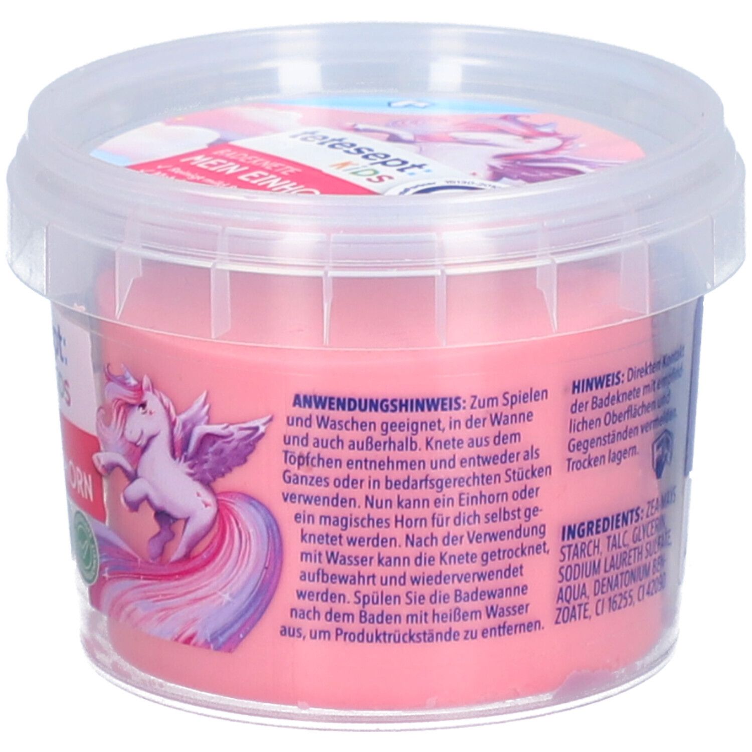 Pâte à modeler rose dans un récipient transparent. Instructions d'utilisation et ingrédients indiqués sur le côté.