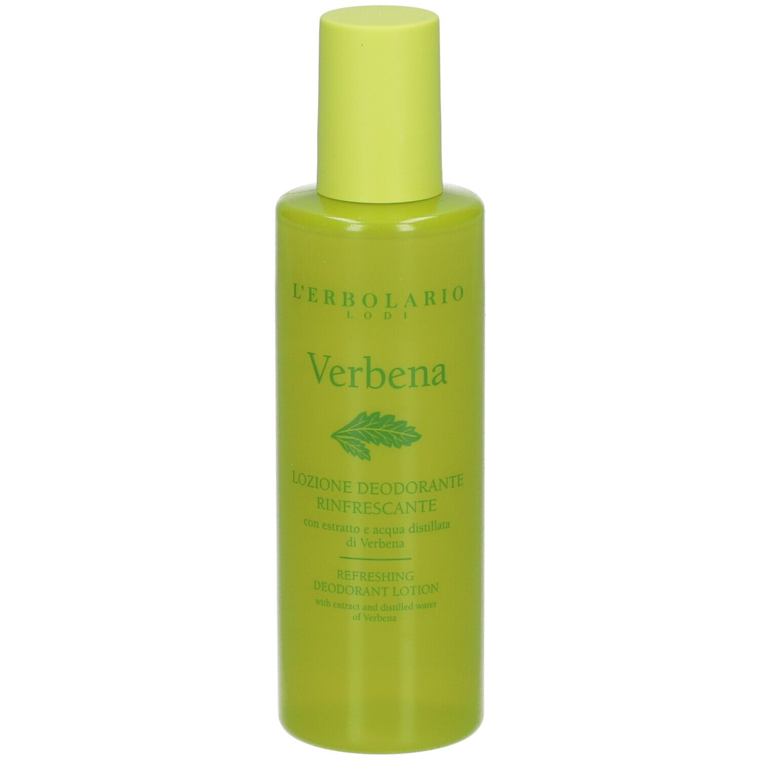 Flacon vert avec bouchon jaune. Inscription: Verbena, L'Erbolario. Lotion déodorante.