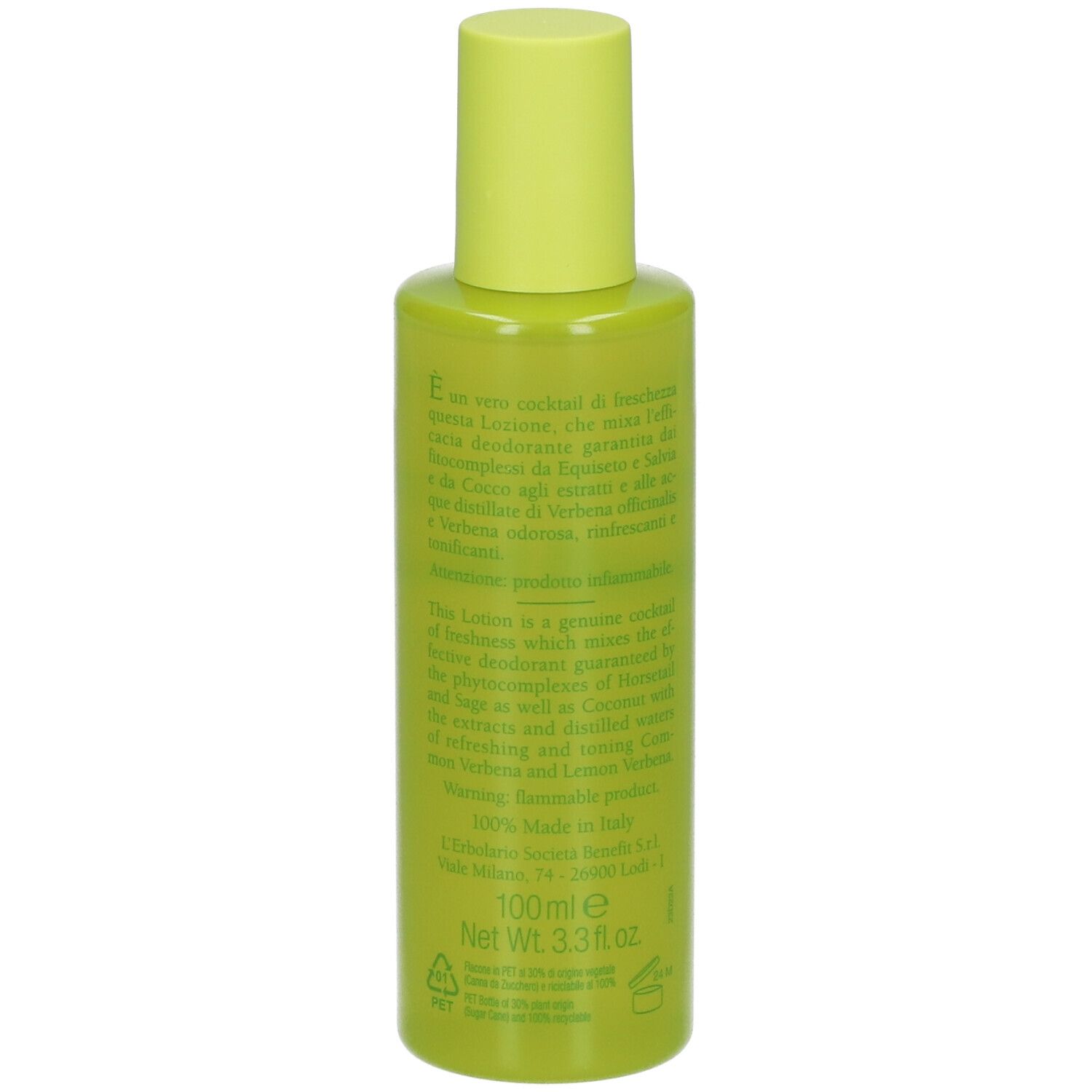 Flacon vert avec bouchon jaune. Texte au dos. L'Erbolario Verbena. 100ml.