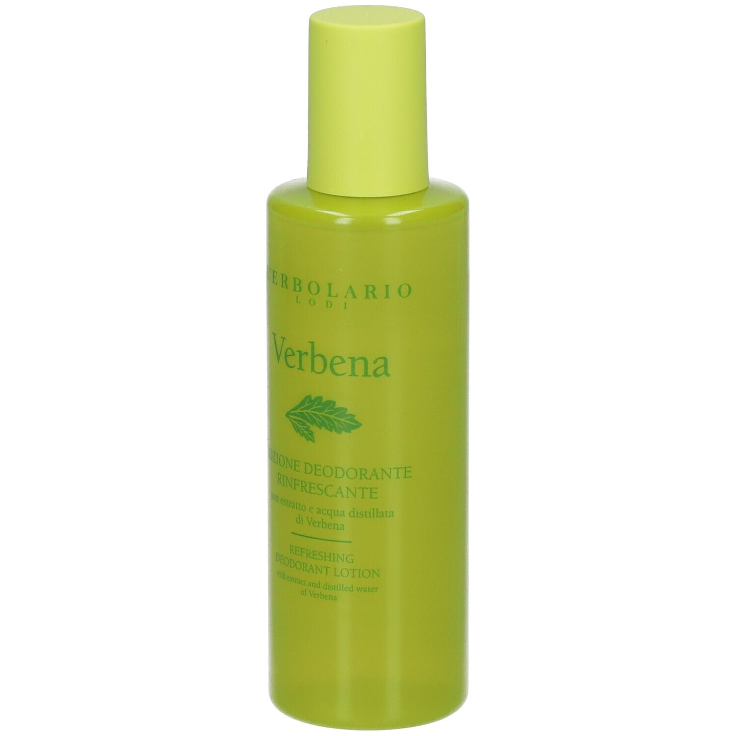 Flacon vert avec bouchon jaune. Inscription: Verbena, L'Erbolario. Lotion déodorante.