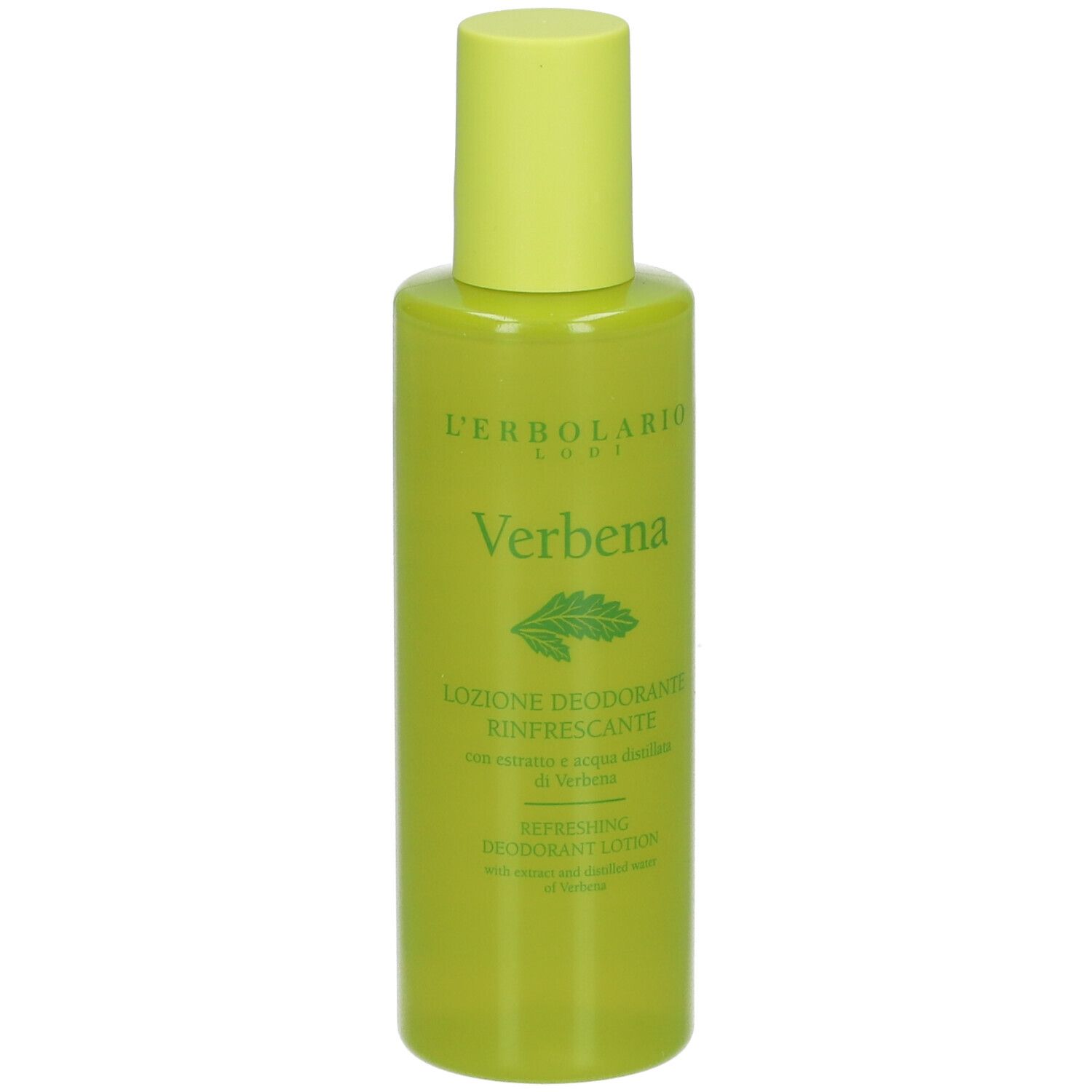 Flacon vert avec bouchon jaune. Inscription: Verbena, L'Erbolario. Lotion déodorante.