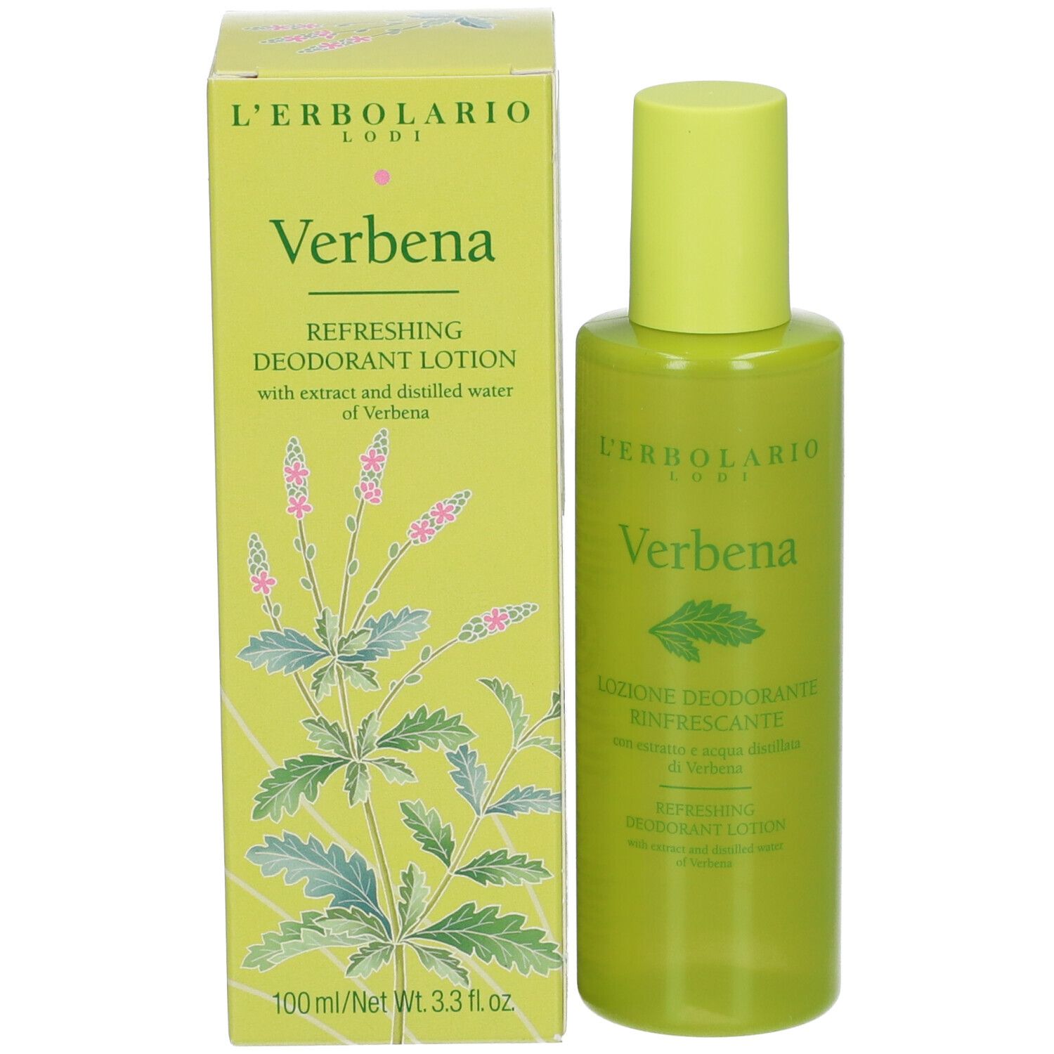 Flacon et boîte verts. Inscription: Verbena, L'Erbolario. Lotion déodorante. 100ml.