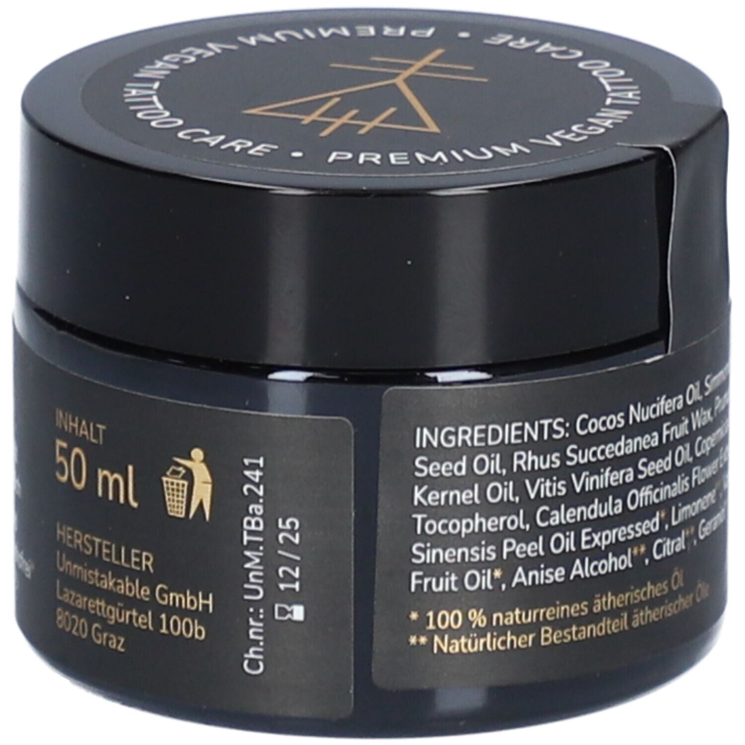 Pot noir avec texte: 50 ml. Autocollant avec informations fabricant et numéro de lot. Image d'une poubelle.