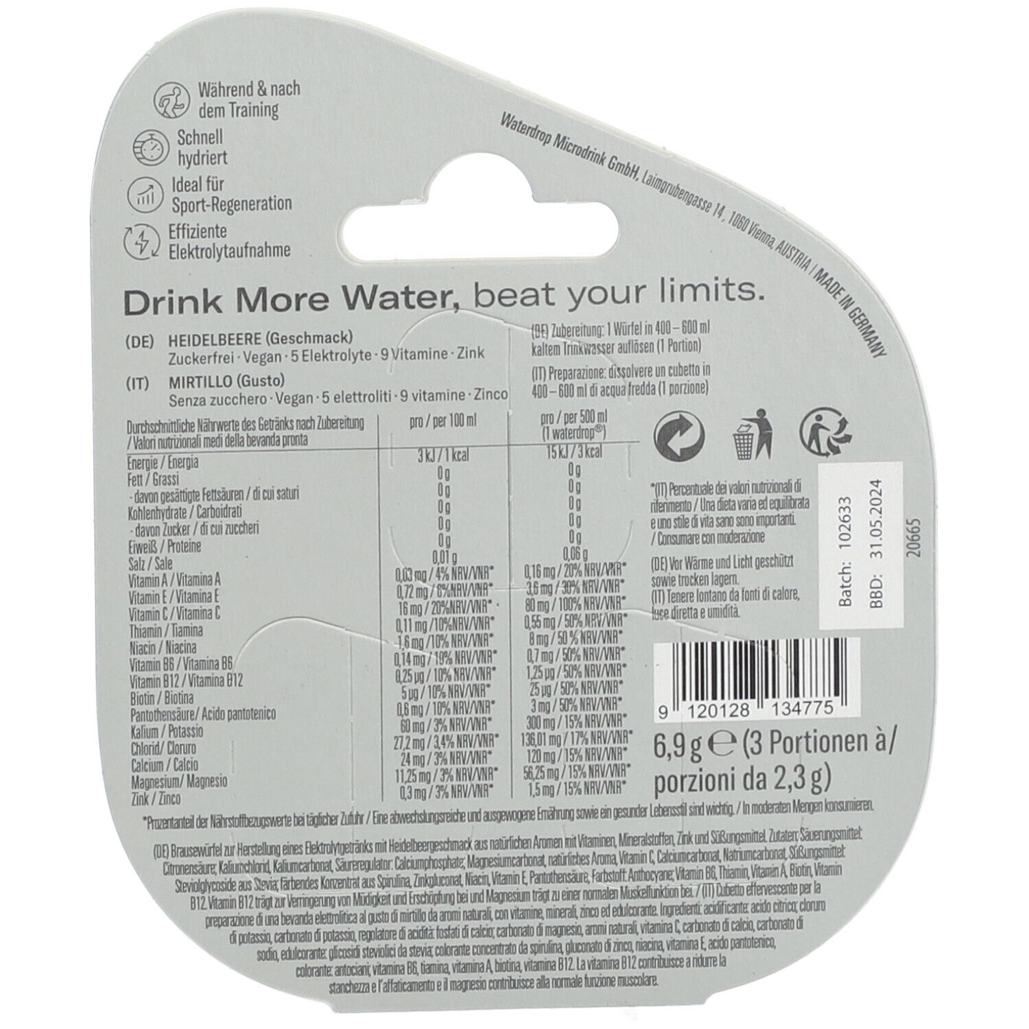 Verpackung mit Produktinformationen. Enthält Angaben zu Inhaltsstoffen, Nährwerten und Haltbarkeit. Enthält auch Barcode und Chargennummer.