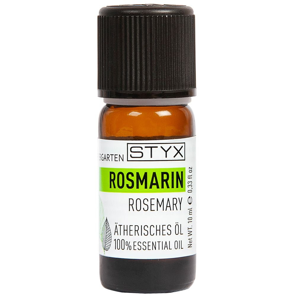Flacon en verre brun avec bouchon noir. Étiquette verte avec texte: Rosmarin, Rosemary, Ätherisches Öl. Marque STYX.