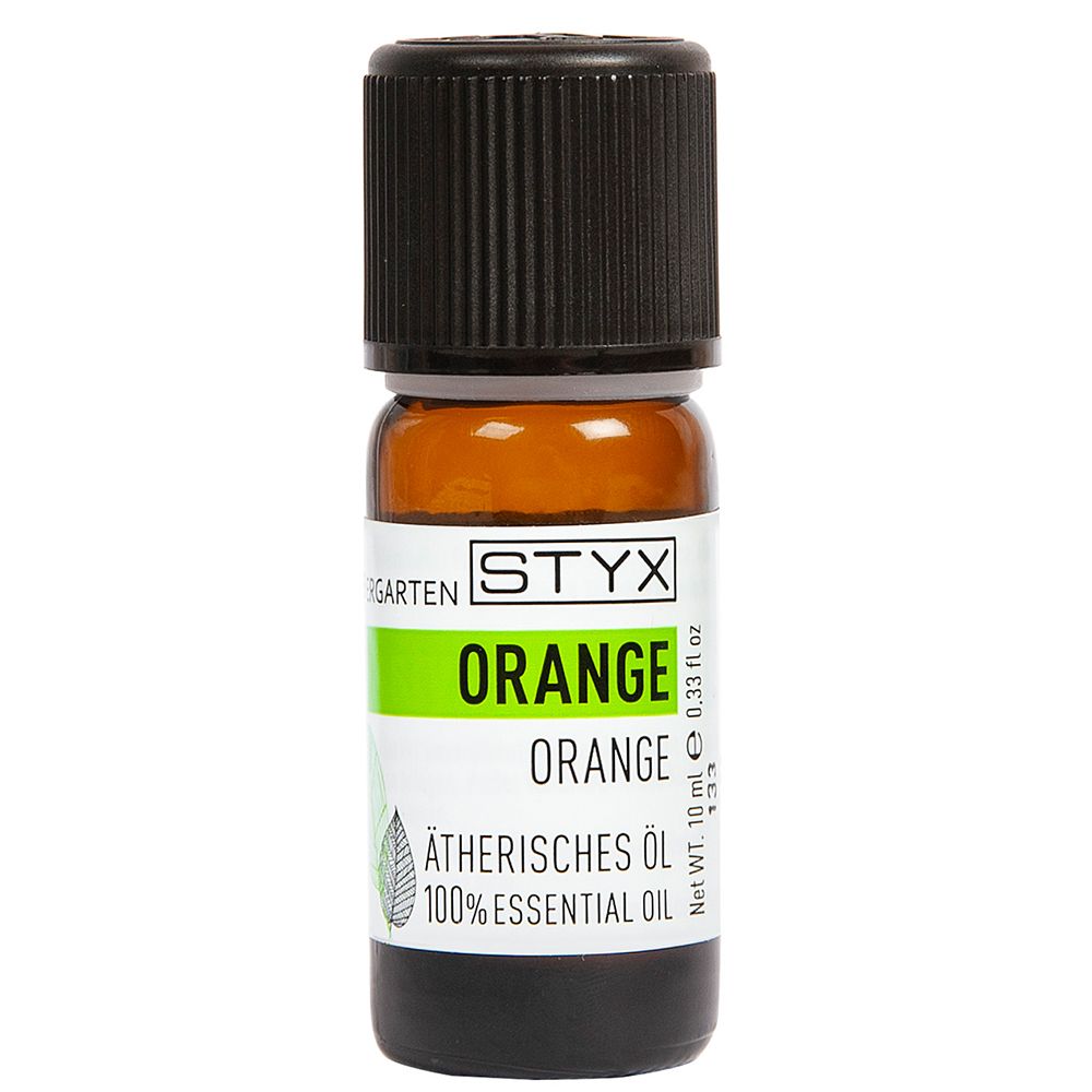 Braune Glasflasche mit schwarzem Deckel. Etikett mit "STYX ORANGE Ätherisches Öl".