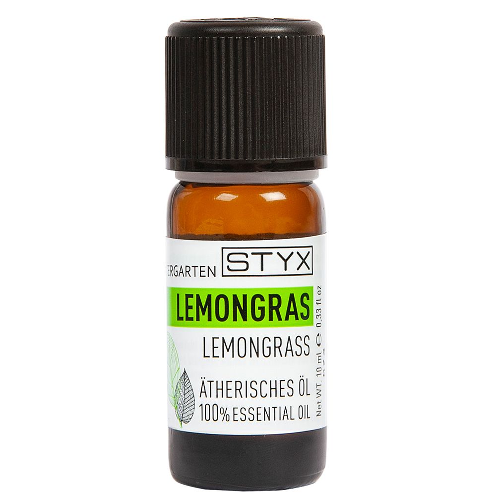 Flacon en verre brun avec bouchon noir. Étiquette STYX, Lemongrass et 100% huile essentielle. 10 ml.