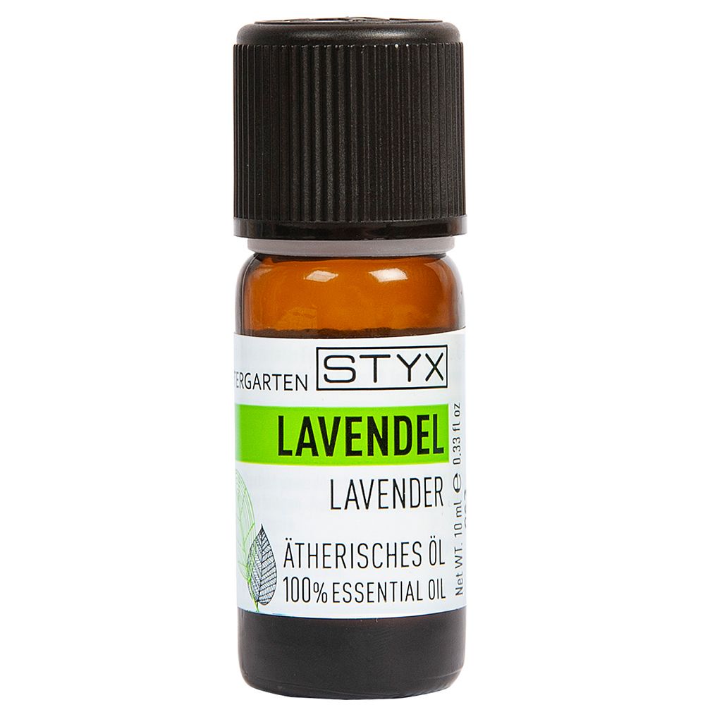 Flacon en verre brun avec bouchon noir. Étiquette avec STYX, Lavande, huile essentielle. 10 ml.