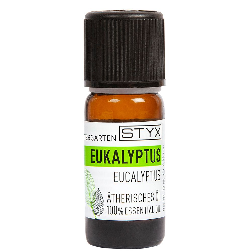 Braune Glasflasche mit schwarzem Deckel. Etikett mit STYX, Eukalyptus, ätherisches Öl. 100% Essential Oil.