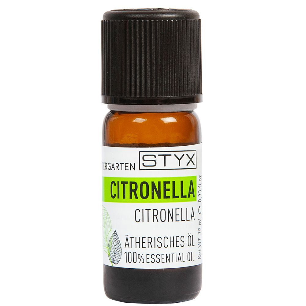 Flacon en verre brun avec bouchon noir. Inscription : STYX, Citronella, Huile essentielle, 100% Essential Oil.