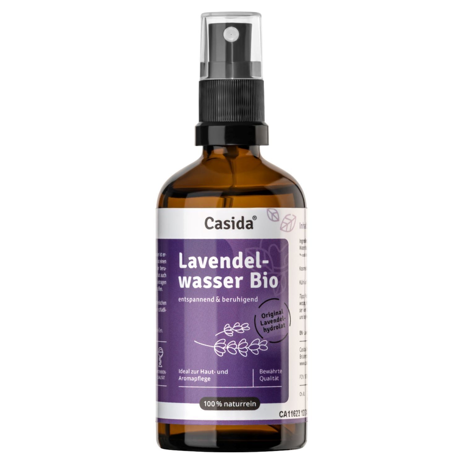 Flacon en verre brun avec vaporisateur. Étiquette avec nom et logo du produit. 100% naturel.