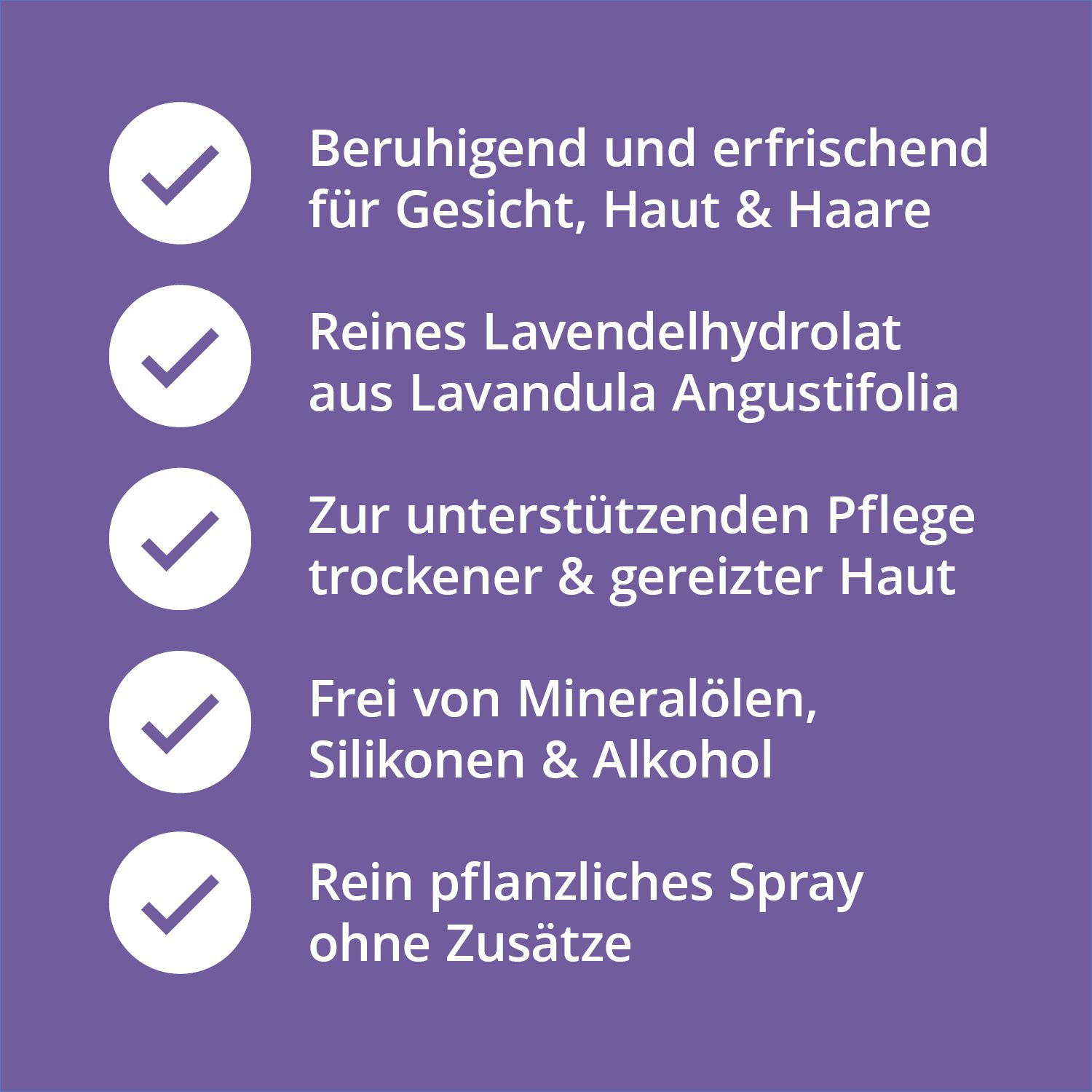 Infographie violette avec coches blanches. Descriptions: apaisant, pur, pour peau sèche, sans additifs.
