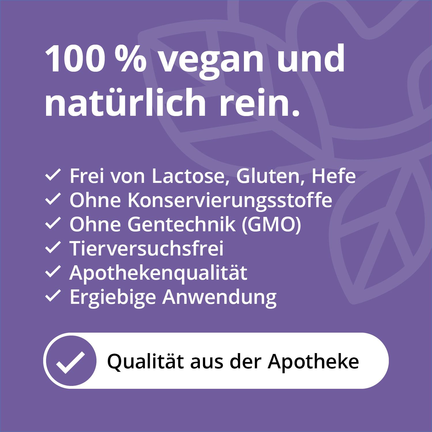 Infographie violette avec texte blanc. 100% végétalien et naturellement pur. Sans lactose, gluten, levure.
