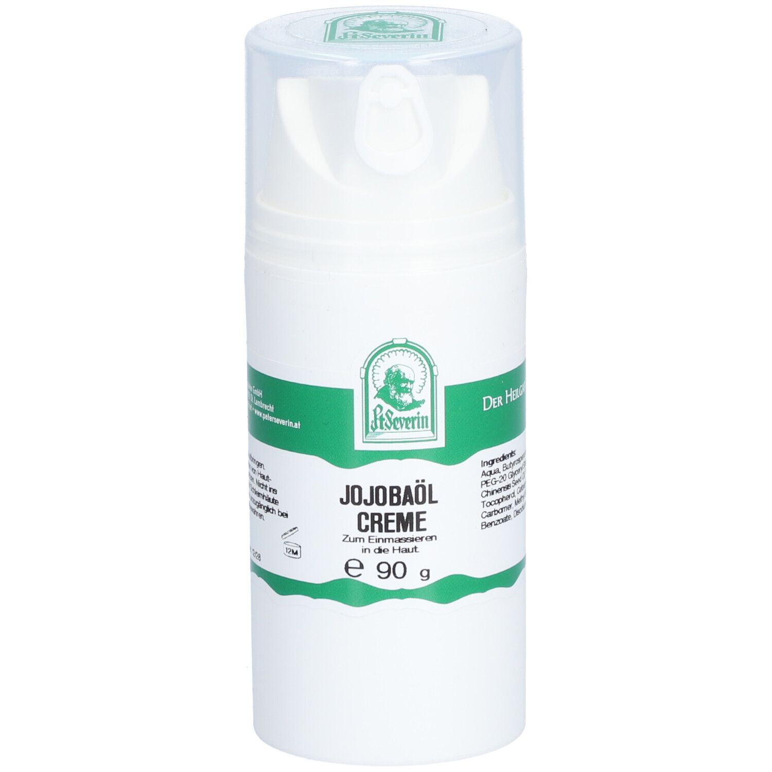 Flacon blanc avec étiquette verte. Inscription: Jojobaöl Creme, e 90 g. Avec tête de dosage et couvercle transparent. Marque: St. Severin.
