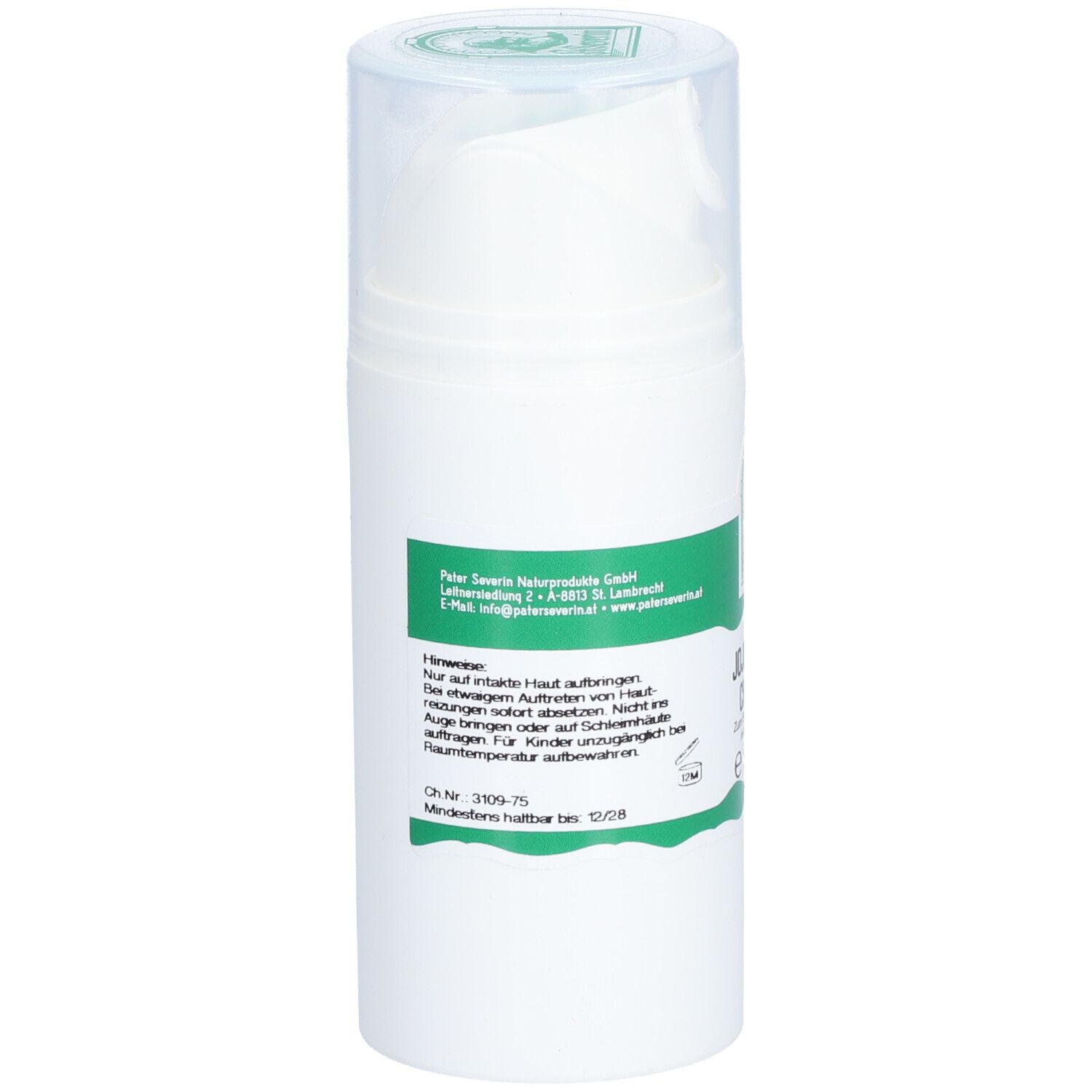 Flacon blanc avec étiquette verte. Texte: Peter Severin Naturprodukte GmbH. Conseils d'utilisation. A consommer de préférence avant 12/28.