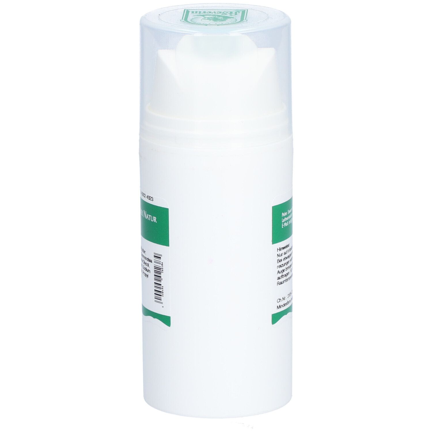 Flacon blanc avec étiquette verte. Texte: Peter Severin Naturprodukte GmbH. Conseils d'utilisation. Avec tête de dosage et couvercle transparent.