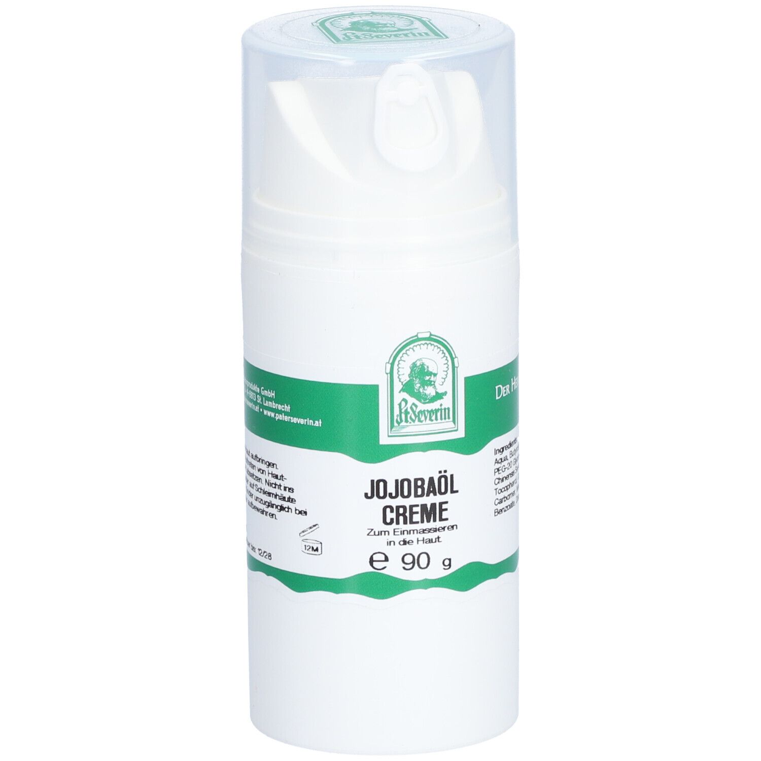 Flacon blanc avec étiquette verte. Inscription: Jojobaöl Creme, e 90 g. Avec tête de dosage et couvercle transparent. Marque: St. Severin.