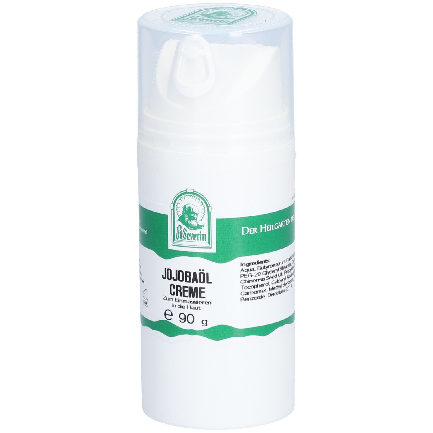Flacon blanc avec étiquette verte. Inscription: Jojobaöl Creme, e 90 g. Avec tête de dosage et couvercle transparent. Marque: St. Severin.