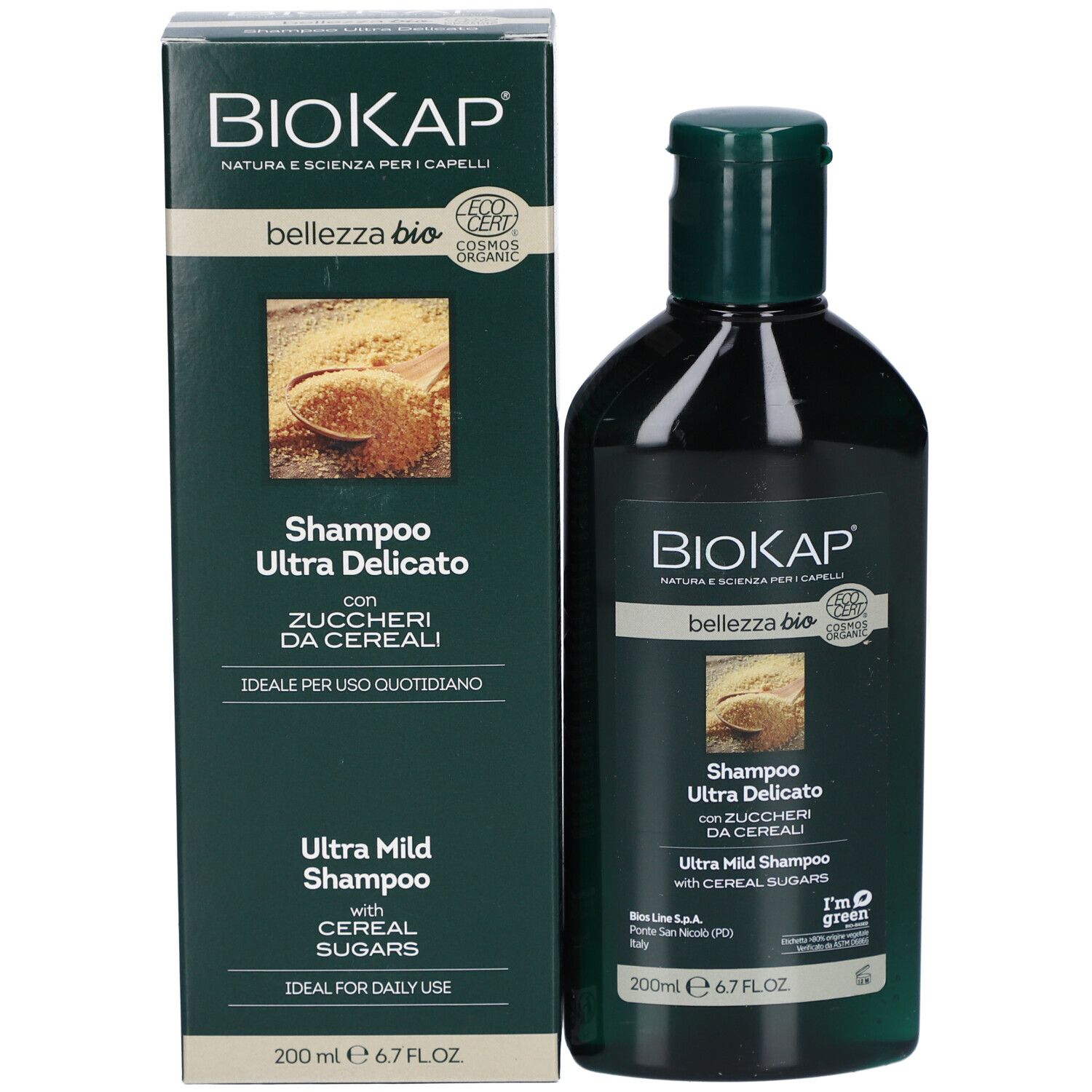 Flacon et boîte de shampooing BioKap Bellezza Bio Ultra Delicato aux sucres de céréales. Label bio.