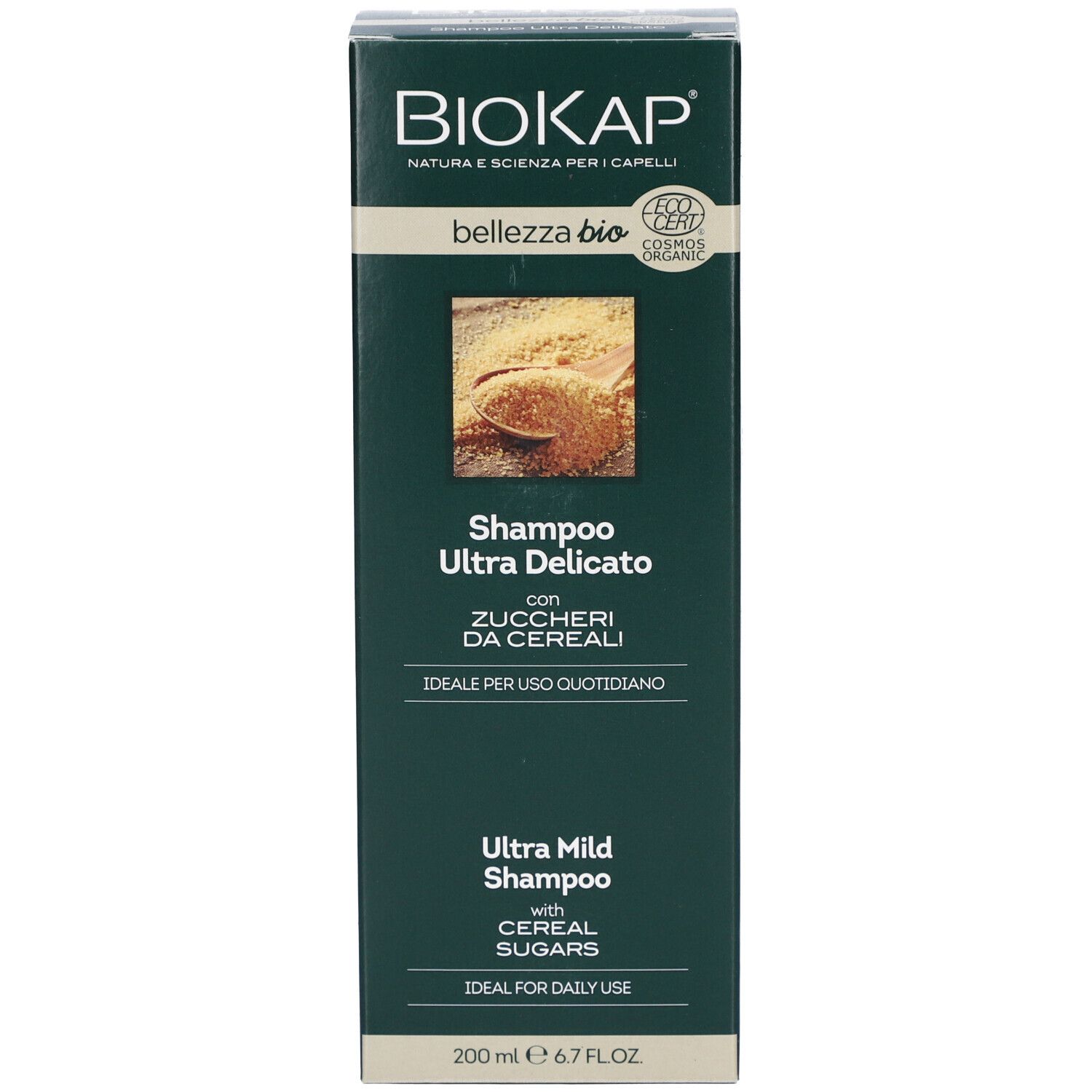Boîte de shampooing BioKap Bellezza Bio Ultra Delicato aux sucres de céréales. Label bio.