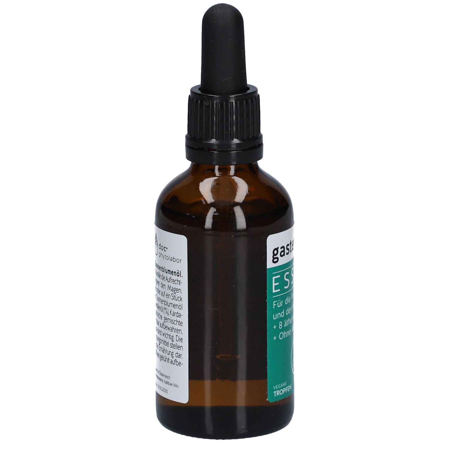 Braune Glasflasche mit schwarzem Tropfer. Rückseite mit Text. Etikett mit Inhaltsstoffen und Herstellerinformationen.