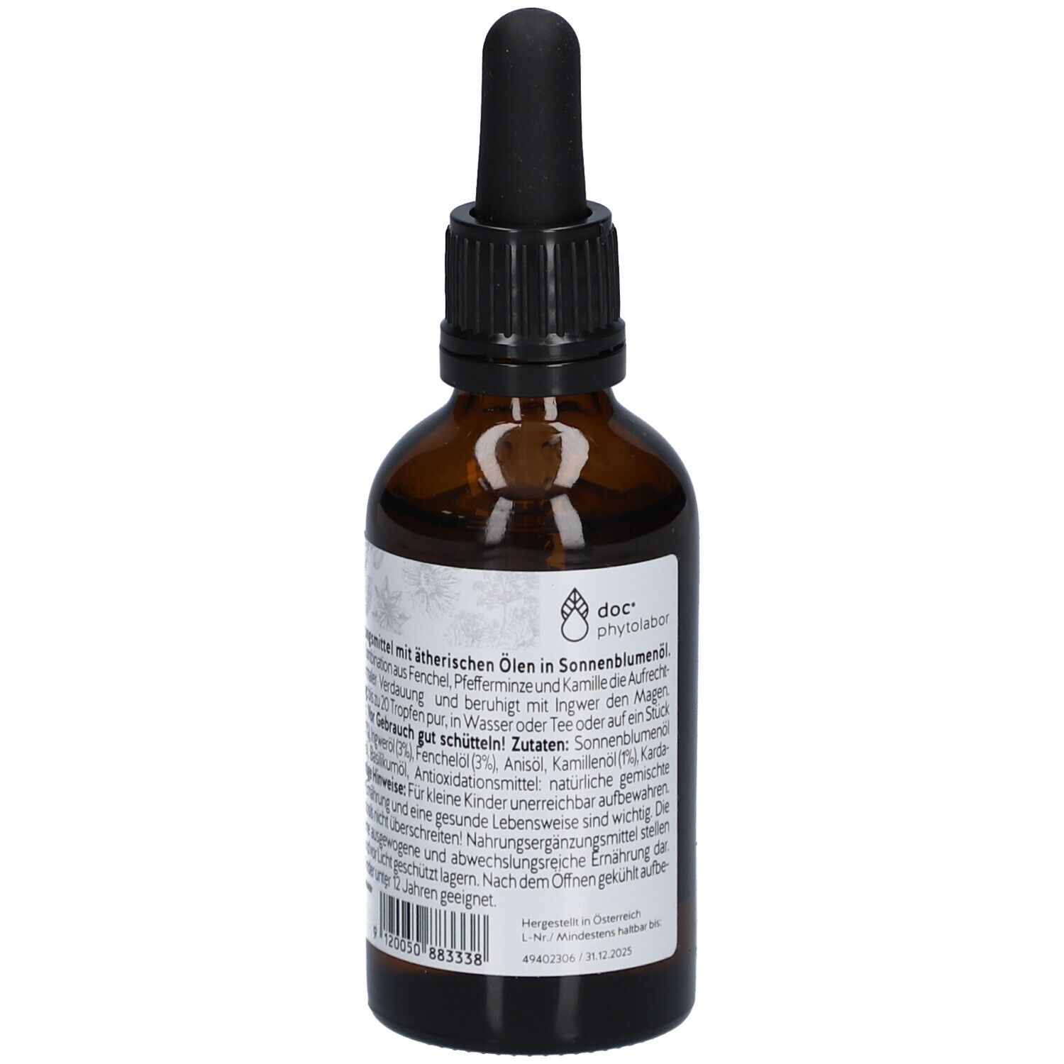 Braune Glasflasche mit schwarzem Tropfer. Detailansicht der Rückseite mit Text. Etikett mit Inhaltsstoffen und Herstellerinformationen.